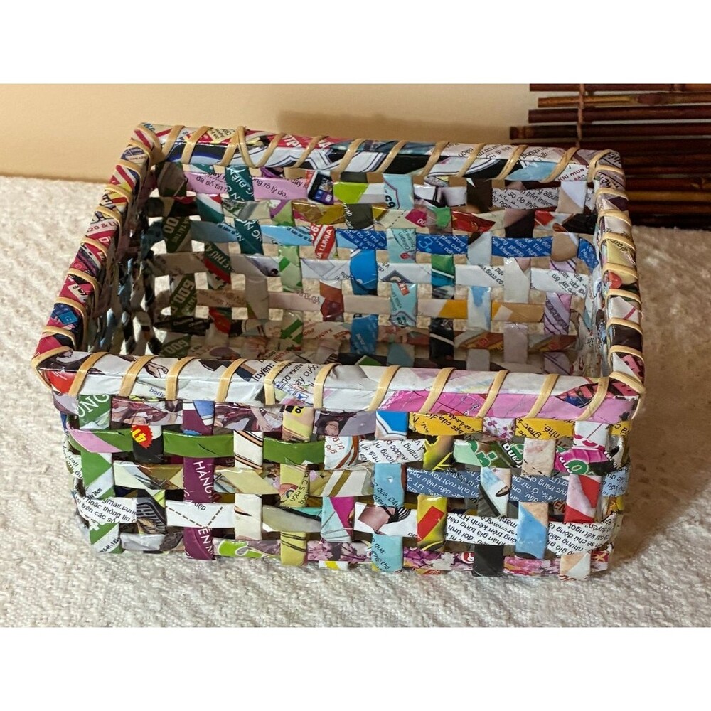 Handwoven Recycled Magazine Paper Basket Colorful Woven Storage Bin Eco Friendly